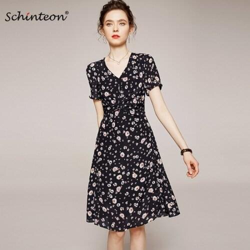 2020 Schinteon 100% Real Silk Floral Print Dress V-Neck Collar Elegant A-lined Short Sleeve Slim Black Knee Length Dresses Women