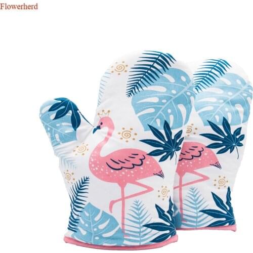 Flamingo Pattern polyester Heat Resistant Gloves Non Stick Anti-slip Pot Bowel Holder Clip Oven Mitts Kitchen Gloves