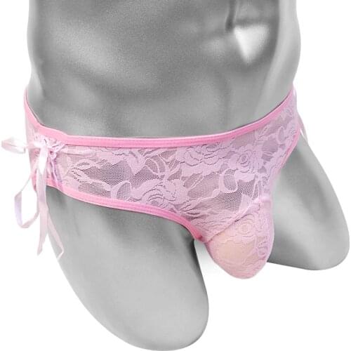 Floral Lace Sissy Pouch Panties Lace-Up Mens Briefs Underwear With Bulge Pouch See Through Sheer Sexy Lingerie Male Underpants