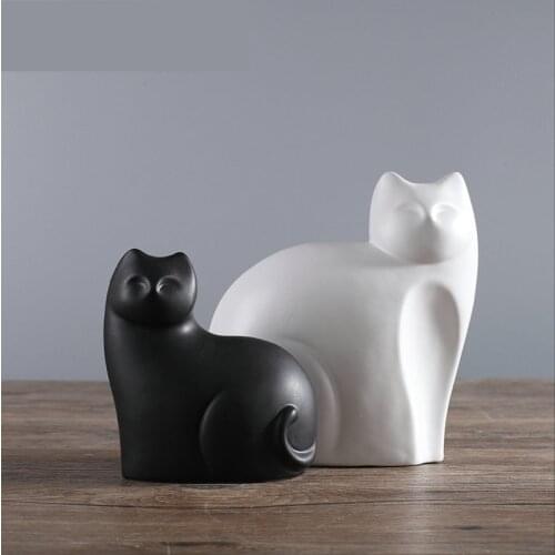 Creative Ceramic Cat Statues Nordic Artificial Handmade Porcelain Animal Statuette Home Decor Modern Ornaments Matt White Color