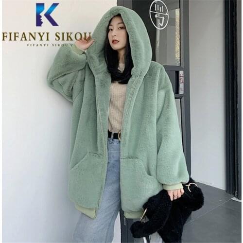 Faux Rabbit Fur Jacket Women High Quality Winter Coat Luxury Fashion Hooded Faux Fur Coat Thick Warm Loose Plush Coats Female