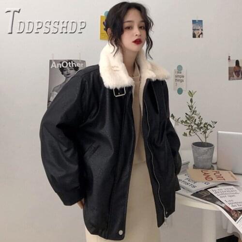 2019 Winter Hongkong Style Women Pu Jacket Lining With Fluff Thick Locomotive Female Coat
