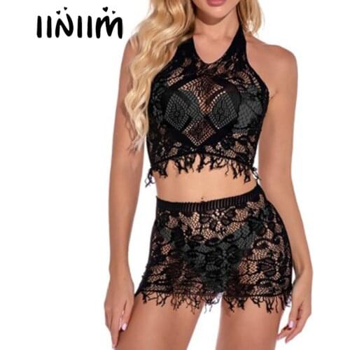 Womens Femme See-through Hollow Out Exotic Sets Mesh Fringed Lingerie Set Hollow Out Underwear Nightwear Crop Top with Skirt