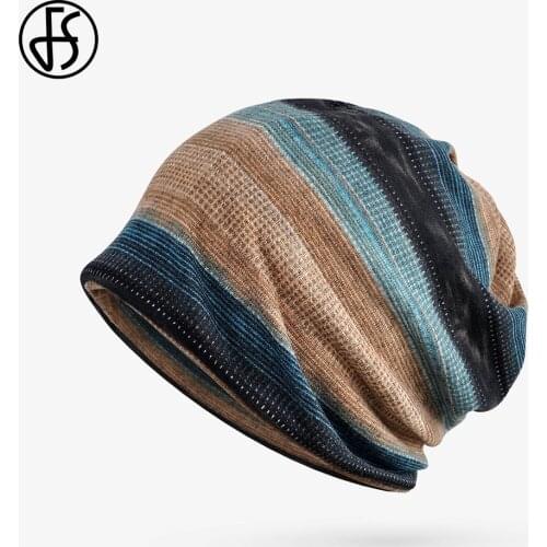 FS Winter Plus Velvet Hip Hop Beanies Women Men Dual Purpose Ring Scarf Striped Knit Hat Ear Neck Warm Outdoor Ski Cycling Cap