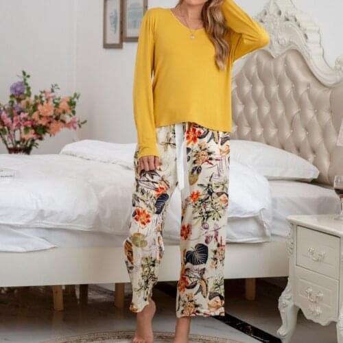 Modal Womens Suit Solid Color Top Floral Printed Bow Trousers Pajamas Suit for Female Home Clothing Set Women Outfit 2021 New