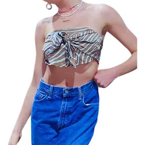 2021 Women’s Fashion Irregular Stripe Tube Tops Sexy Off-shoulder Bow Bandage Exposed Navel Strapless Tops