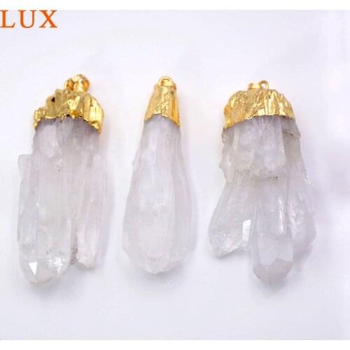 Gold Quartz Ice Cluster Crystal pendant Druzy Clear Natural Raw Rough Stone Dipped Spike Point Plated Unisex Jewellery