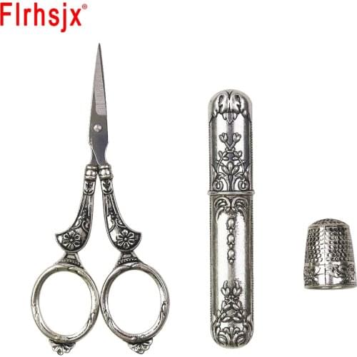 3pcs Pack European Vintage Sewing Kits Metal Sewing Scissors Thimble Needle Case Cross Stitch Embroidery Sewing Craft Tools