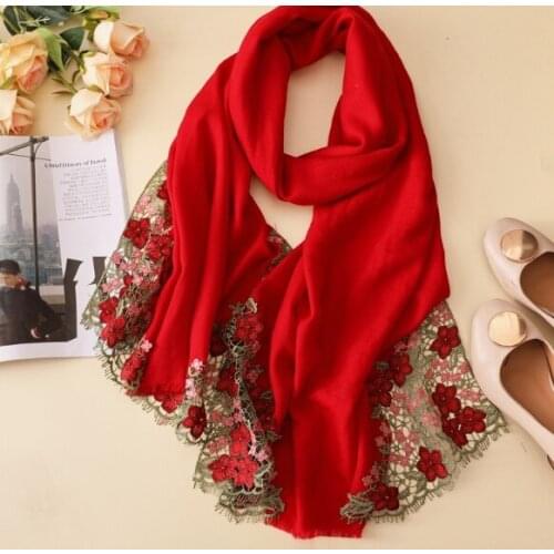 66x196cm 100% Wool Scarf Women Autumn Winter Large Wool Shawls Wraps For Ladies Warm Flower Embroidered Sheep Wool Scarves
