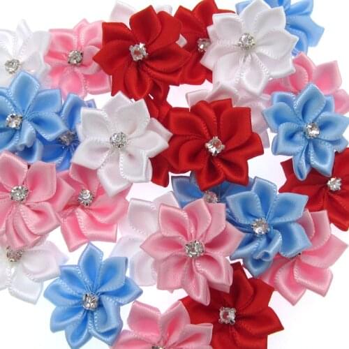 12pcs 1" Mixed satin ribbon flowers white rhinestone appliques artificial flowers for craft sewing wedding decoration 2.8cm