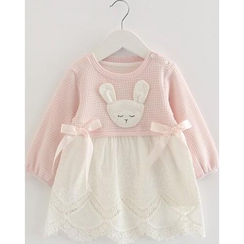 Baby Girl Dress Newborn Rabbit Embroidery Cotton Lace Infant Baby Birthday Dress Baby Clothes with Two Bows 2 Color