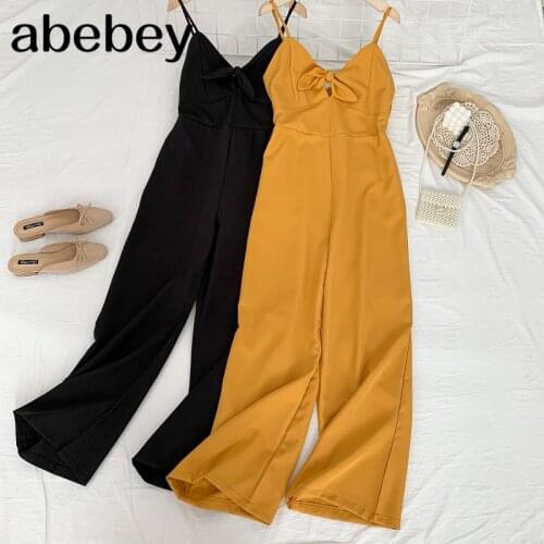 2021 New Summer Fashion All-match V-neck sling Jumpsuits hollow out bandage high waist slim casual wide leg Jumpsuits