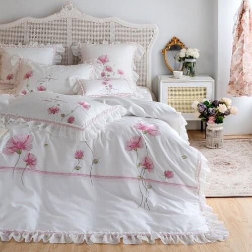 4/7Pcs Luxury 800TC Egyptian Cotton Hibiscus Embroidery Princess Lace Bedding Set Double Duvet Cover Set Bed Linen Pillowcases