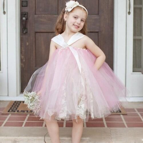 Cute Girls Pink Lace Tutu Dress Kids Fluffy Tulle Tutu Princess Dress Ball Gown with Big Ribbon Bow Children Wedding Party Dress