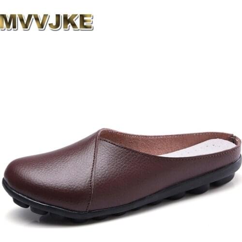 MVVJKE Plus Size Flat Shoes 2018 Fashion Mules Womens Leather Split Slip On Flip Flops Womens Slippers Shoe SlidesE099