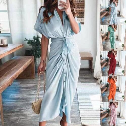 Single Breasted Sexy Dress Party Club High Waist Women Dress Solid Color Belt Summer Short Sleeve Lapel Buttons Dress for Dating