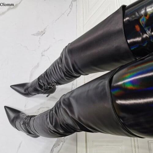 Olomm 2021 New Fashion Women Winter Thigh High Boots Sexy Stiletto Heels Pointed Toe Elegant Black Shoes Women Plus US Size 5-15
