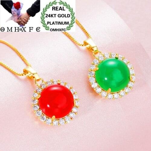 OMHXFC Wholesale European Fashion Woman Party Birthday Wedding Gift Round Chalcedony Zircon 24KT Real Gold Charm Pendant PN262