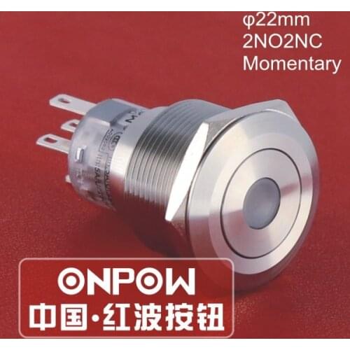 ONPOW 22mm Waterproof IP67 2NO2NC 12V 24V 220V Dot LED Momentary Stainless Steel Push Button Switch (GQ22-A-22D/R/12V/S) CE