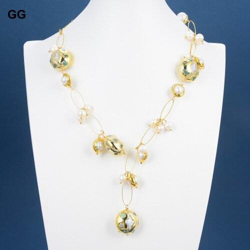 GG Jewelry Natural Freshwater Cultured White Keshi Pearl Star Shape Green Chrysoprases Gold Color Plated Edge Necklace For Women