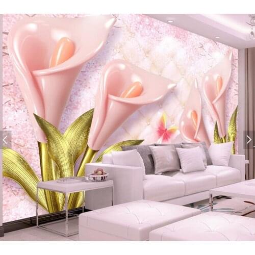 Embossed common callalily floral 3d wall paper for living room contact paper wallpapers pink flower photo wallpaper murals