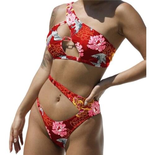 Sexy Womens Bikini Set 2021 Leopard or Printed One-Shoulder Tops and Lace-Up Thong Bikini Swimming Suit For Women Clothes