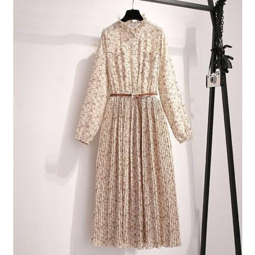 Spring Summer Women Dress Vintage Floral Printed Lantern Sleeve Bow Chiffon Midi Dress Female Casual Party Pleated Dress Vestido