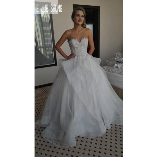 E JUE SHUNG White Organza A-line Wedding Gowns Beading Sweetheart Neck Zipper Back Ruffles Boho Wedding Dresses vestido de noiva