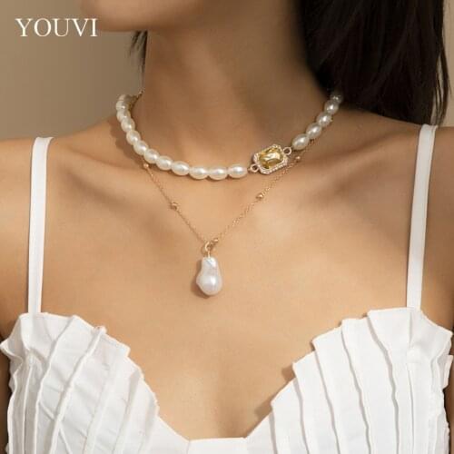 YOUVI Vintage Pearl Necklace for Women Jewelry Choker Crtsral Baroque Pearl Pedant Chain Necklace Jewelry Set Gothic Choker