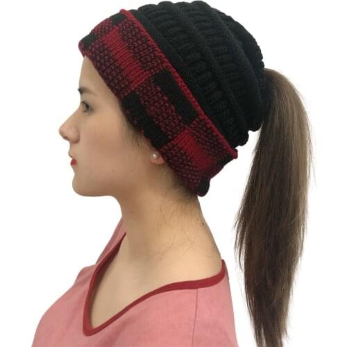 Square Lattice Curled Edge Color Matching Ponytail Knitted Warm Hat Woolen Hat Windproof Warm Ear Protection Knitted Hat Women
