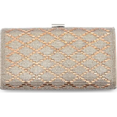 Woman Clutch Bag Metal Frame Evening Hard Case Handbag Sparkling Rhinestones Shining Slim Paillette Decor Shoulder Bag Gold