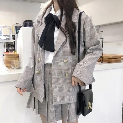 MUMUZI preppy style plaid suit blazers and pleated skirt two-piece set college style outfits coats and skirt set Mori girl