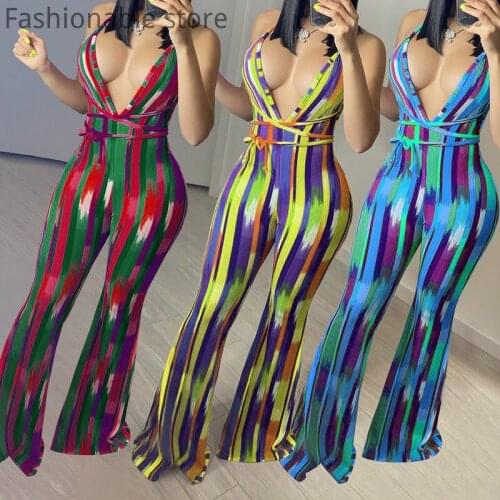 Women Colorblock Print V-Neck Sleeveless Tied Waist Jumpsuit Sexy Low Cut Backless Romper