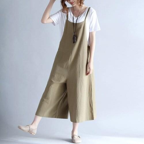 2018 Spring Summer Women Overalls Wide Leg Pants Rompers Loose Cotton Linen Jumpsuits Casual Long Pants Trousers Bigsize AB840