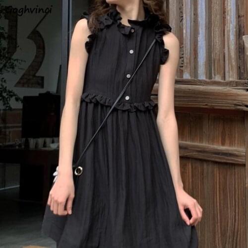 Sleeveless Dress Women Edible Tree Fungus High Waist Knee Length Sweet Females Dresses Gothic Slim Elegant Solid Single Breasted
