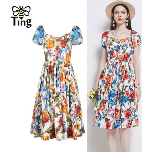 Tingfly Designer Runway Luxury Flower Button Decor Floral Women Summer Dress A Line Street Casual Chic Vestido Aesthetic Clothes