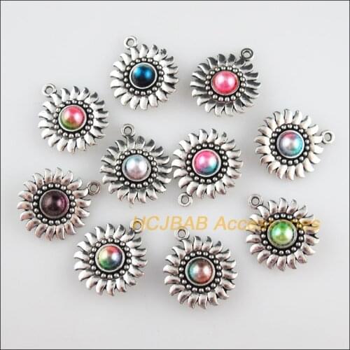 10Pcs Tibetan Silver Tone Sunflower Mixed Acrylic Round Charms Pendants 20x24mm