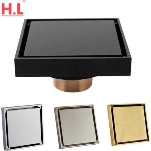 100% Solid Brass Square Bathroom Shower Floor Drain Tile Insert Invisible Water Filter Black Gold Chrome Nickel Brushed