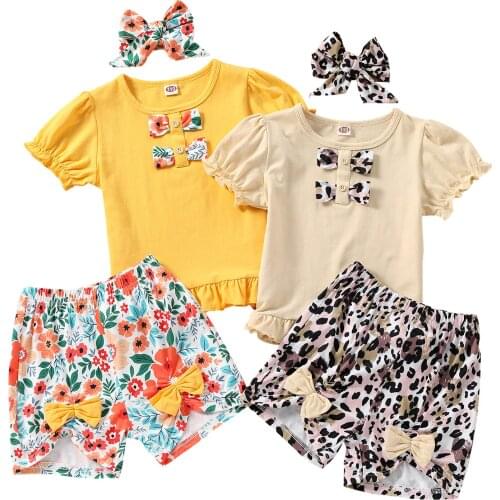 3Pcs Kids Summer Outfit, Short Sleeves T-Shirt + Floral/Leopard Print Shorts + Hairband for Girls, 2-7 Years