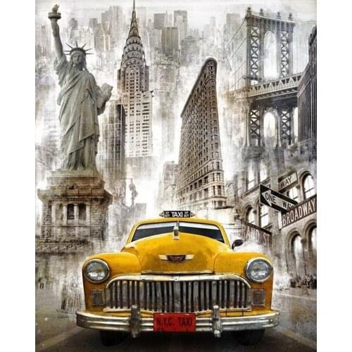 5D Diamond Embroidered Landscape Painting Car Pair Tower Full Diamond Toolkit Mosaic Art House Roman Wall Decoration Gift