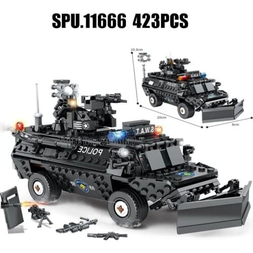 67281 423pcs Police Swat Barrier Removal Armored Vehicle With Light Sound 2 Dolls Building Blocks Toy