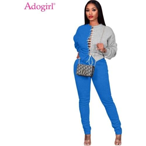 Adogirl Color Patchwork Tie Two Piece Set S- 3XL Casual Long Sleeve Front Lace Up Pullover Pencil Pants Sports Outdoor Clothing