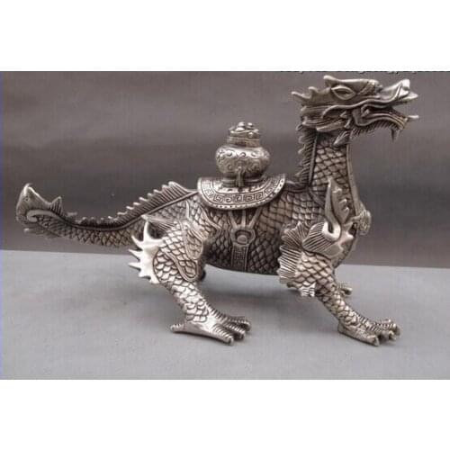 FREE SHIPPING S0068 China Palace White Copper Silver Feng Shui Evil wealth beast Kirin Dragon Statue