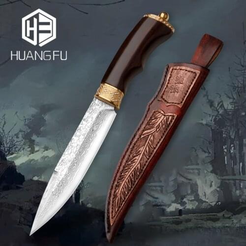 Damascus High-end Outdoor Hunting Knife Collection Knife Survival Knife Iron Wood Handle Inlaid 24K Pure Gold with Sheath