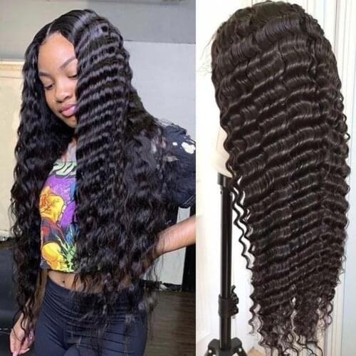 CHEAP 200 Density Loose Deep Wave Wig Transparent Lace Wigs Wet And Wavy Brazilian Curly Human Hair Wigs T PART Deep Wave Wig