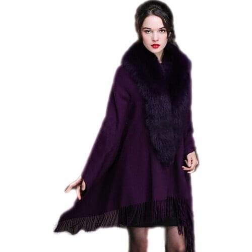 Elegant Purple Wraps 100% Real Wool 100% Real Fox Fur Cape Women Winter Warm Cloak Coat/ Shawl/violet