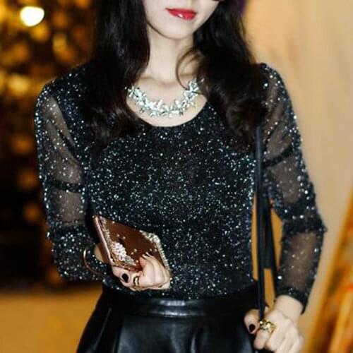 Sexy Shiny Mesh Hollow Out O-Neck T-Shirts Women Long Sleeve Party Slim fit Tops Solid Plus Size Office Lady Club Casual Spring