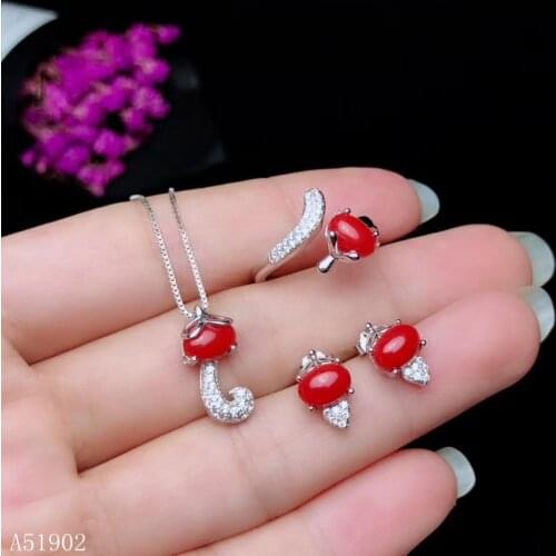 KJJEAXCMY exquisite jewelry 925 sterling silver inlaid natural red coral gemstone earrings ring pendant set new female models su
