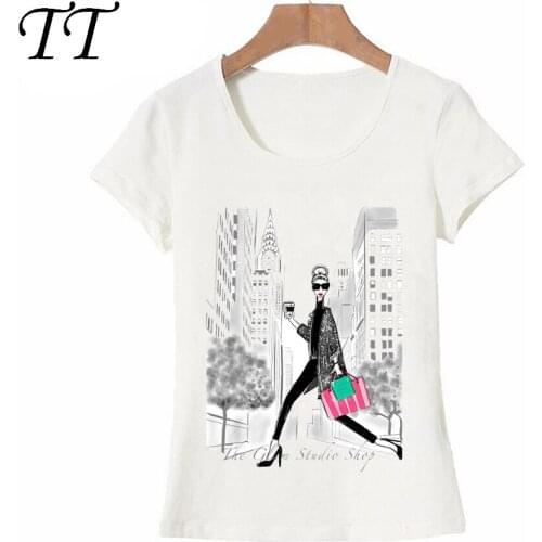 Fashion New York as a backdrop hot cup of coffee design Women T-Shirt Vintage Print T Shirt Summer Casual Tops Cute Girl Tees
