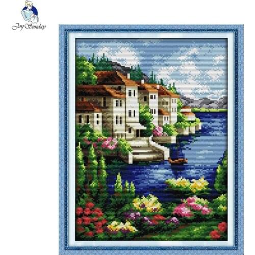 Riverside Castle Beautiful Scenery Cross Stitch Kits14CT 11CT Printed Canvas Embroidery Set Needlework Home decoration painting
